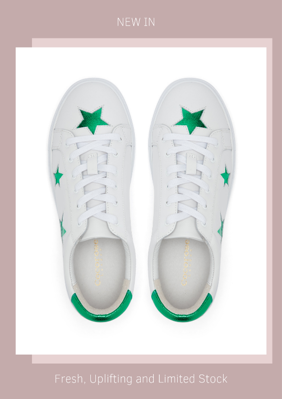 Hoxton white leather trainers with metallic green stars | women's luxury trainers