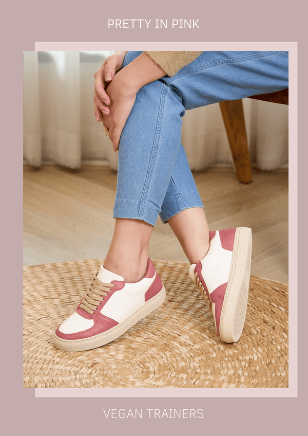 pink and off-white organic vegan leather trainers