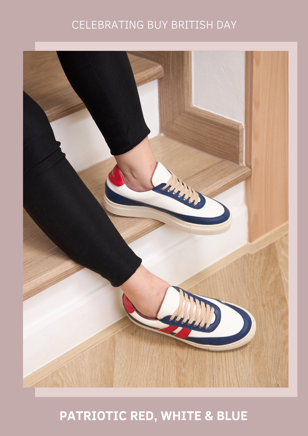 bold navy and red stripe vegan trainers