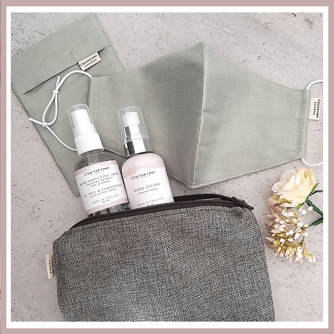 Out and About Kit - sage green silk face mask, hand sanitising spray, hand lotion and travel pouch