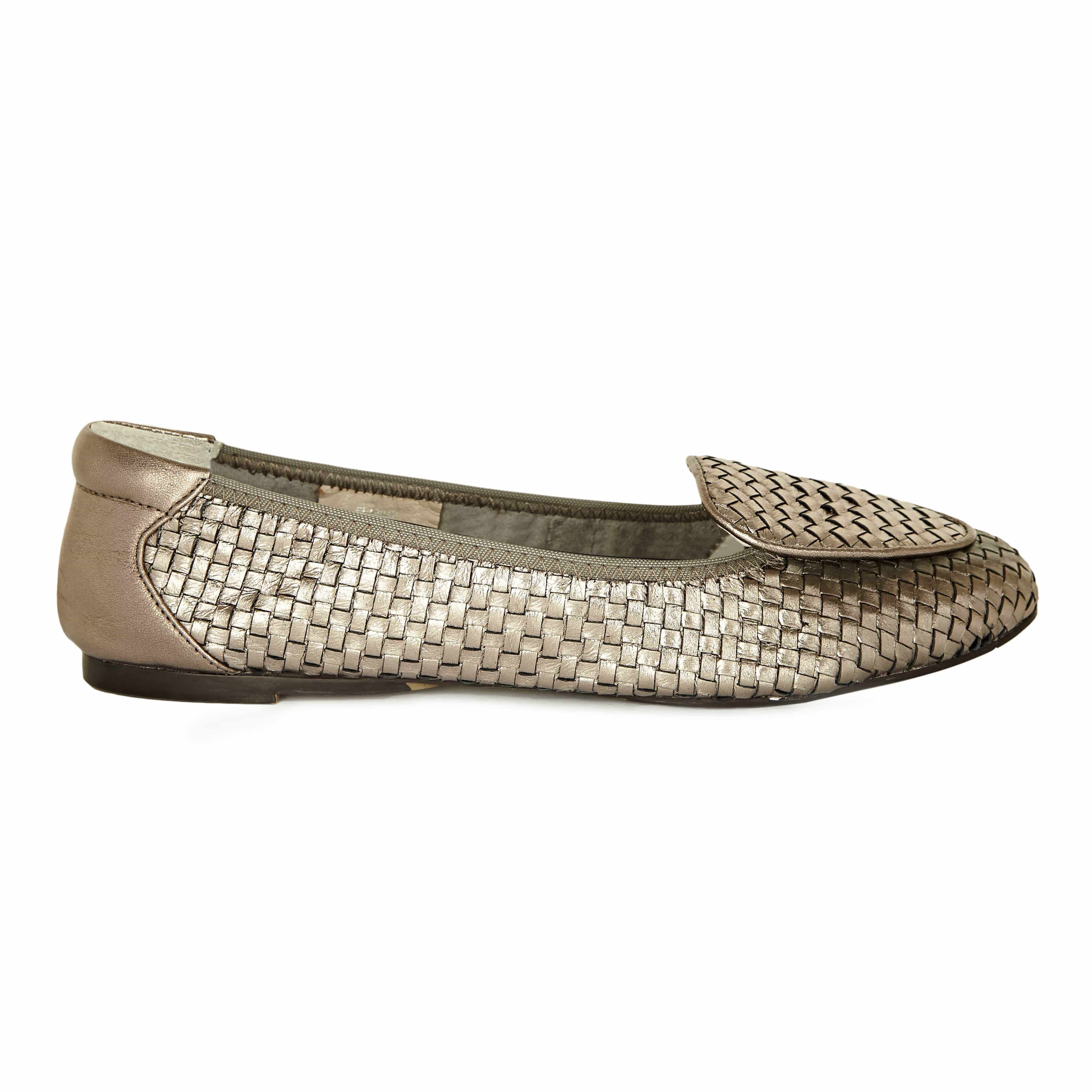 Elegant pewter woven loafer with a metallic woven upper, ideal for a sophisticated and fashionable look.