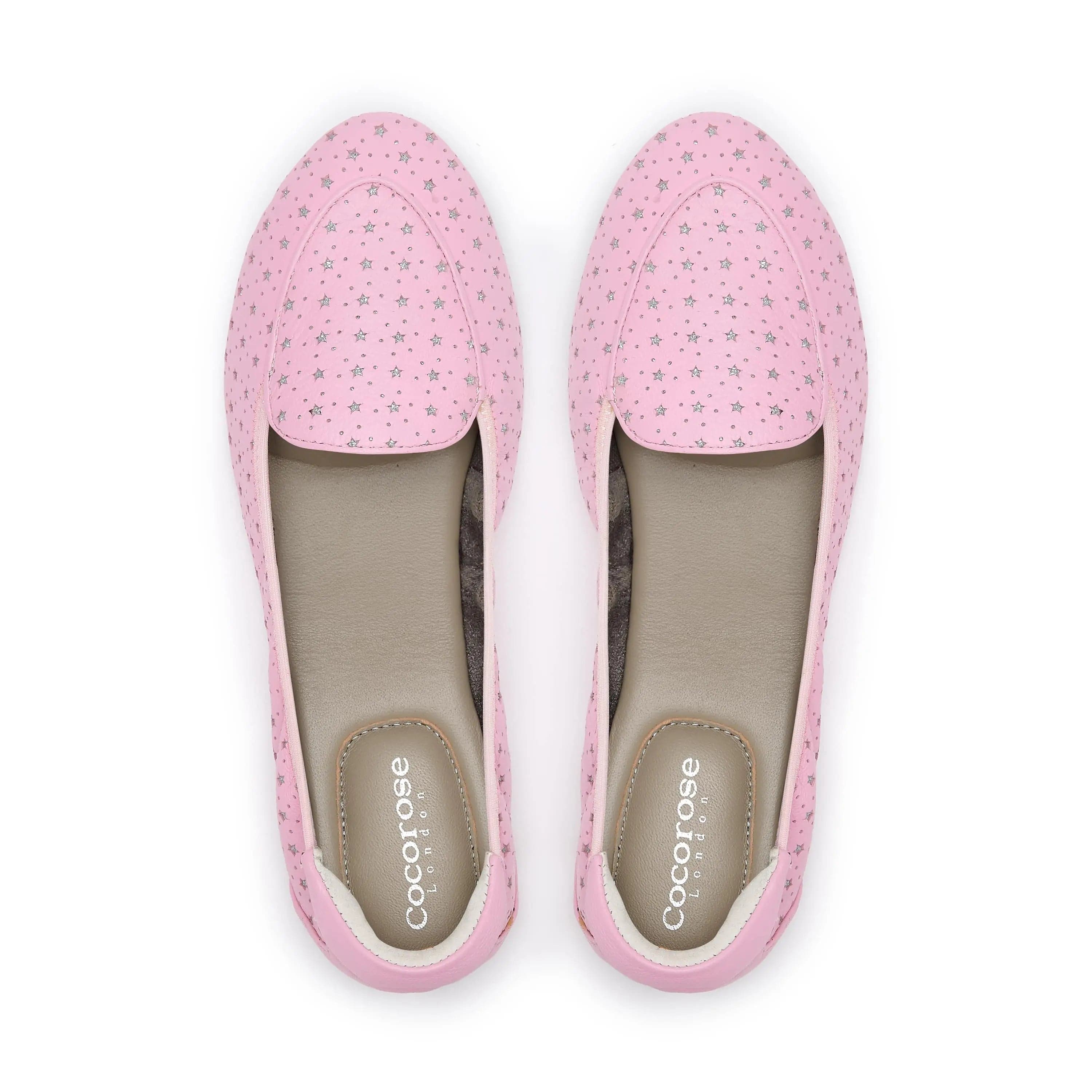 Clapham - Pink Leather Flats with Silver Stars Cocorose London