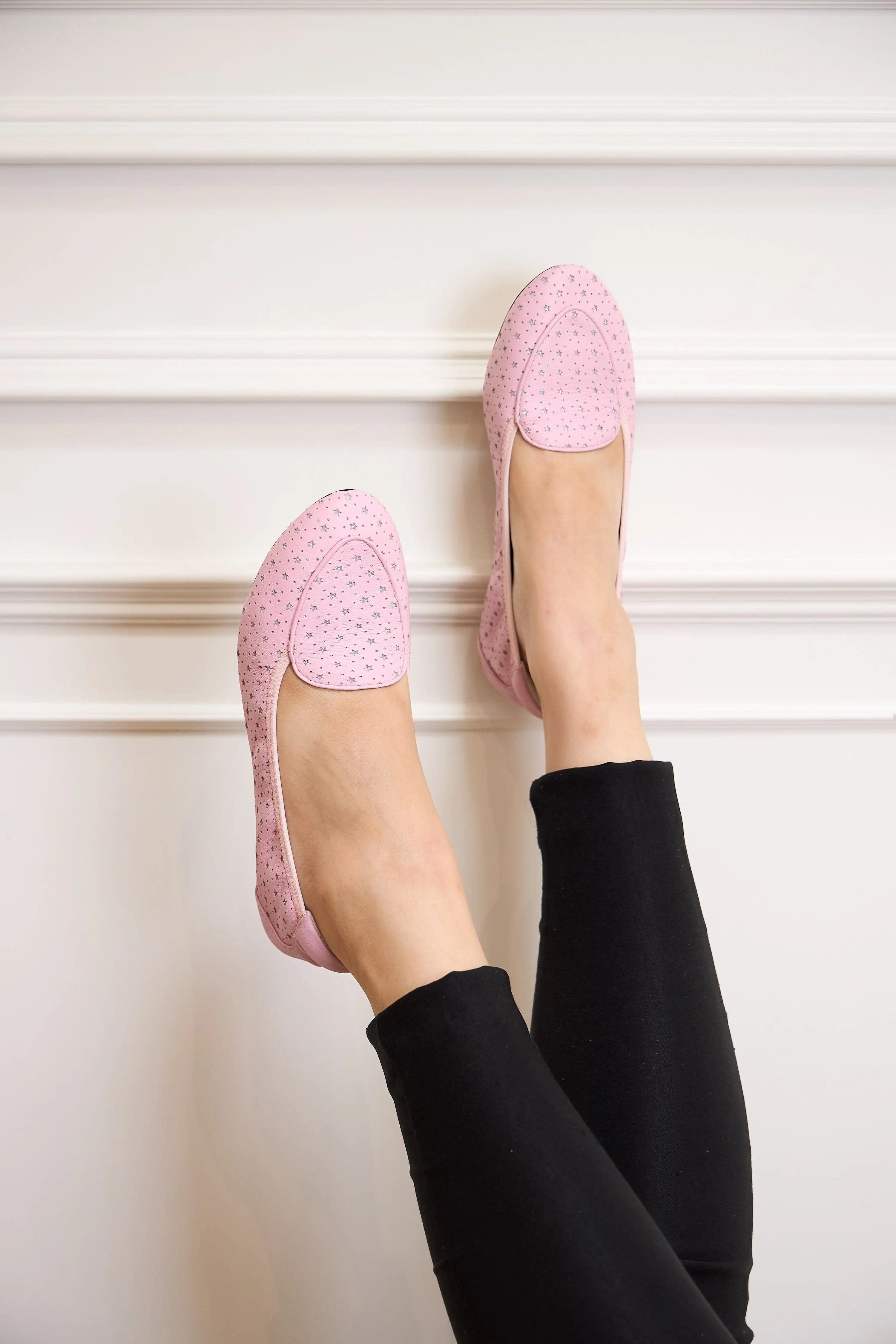 Clapham - Pink Leather Flats with Silver Stars Cocorose London