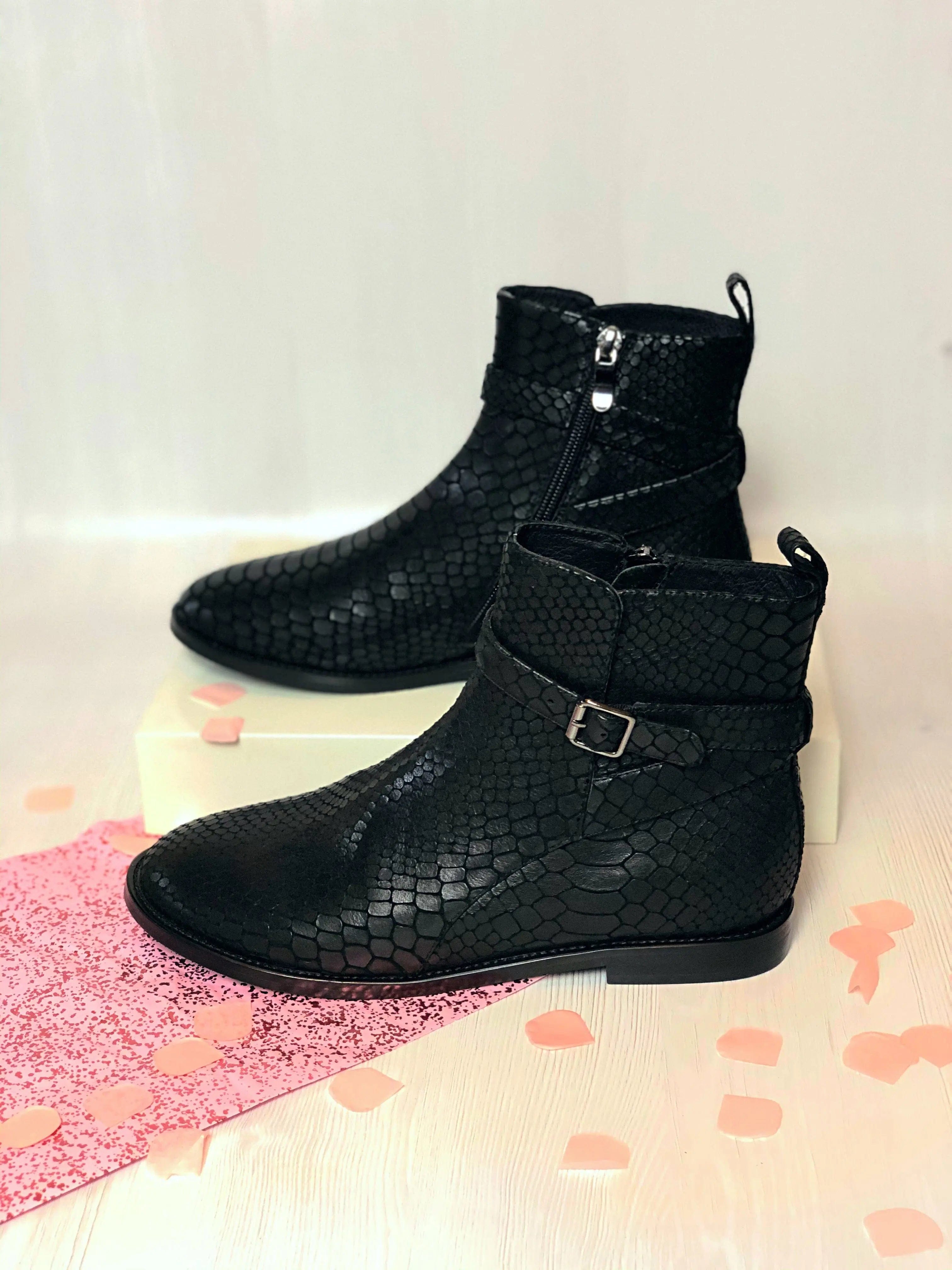 Hampstead - Black Croc Single Strap & Zip Boots Cocorose London