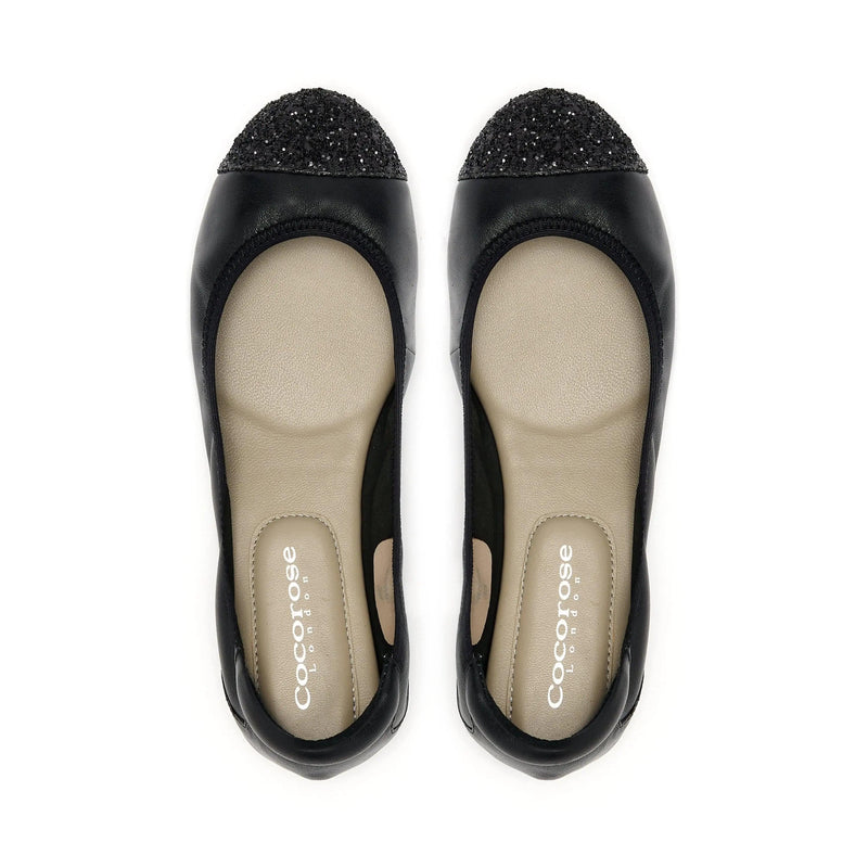 Harrow  - Black leather flats with Glitter toe cap Cocorose London