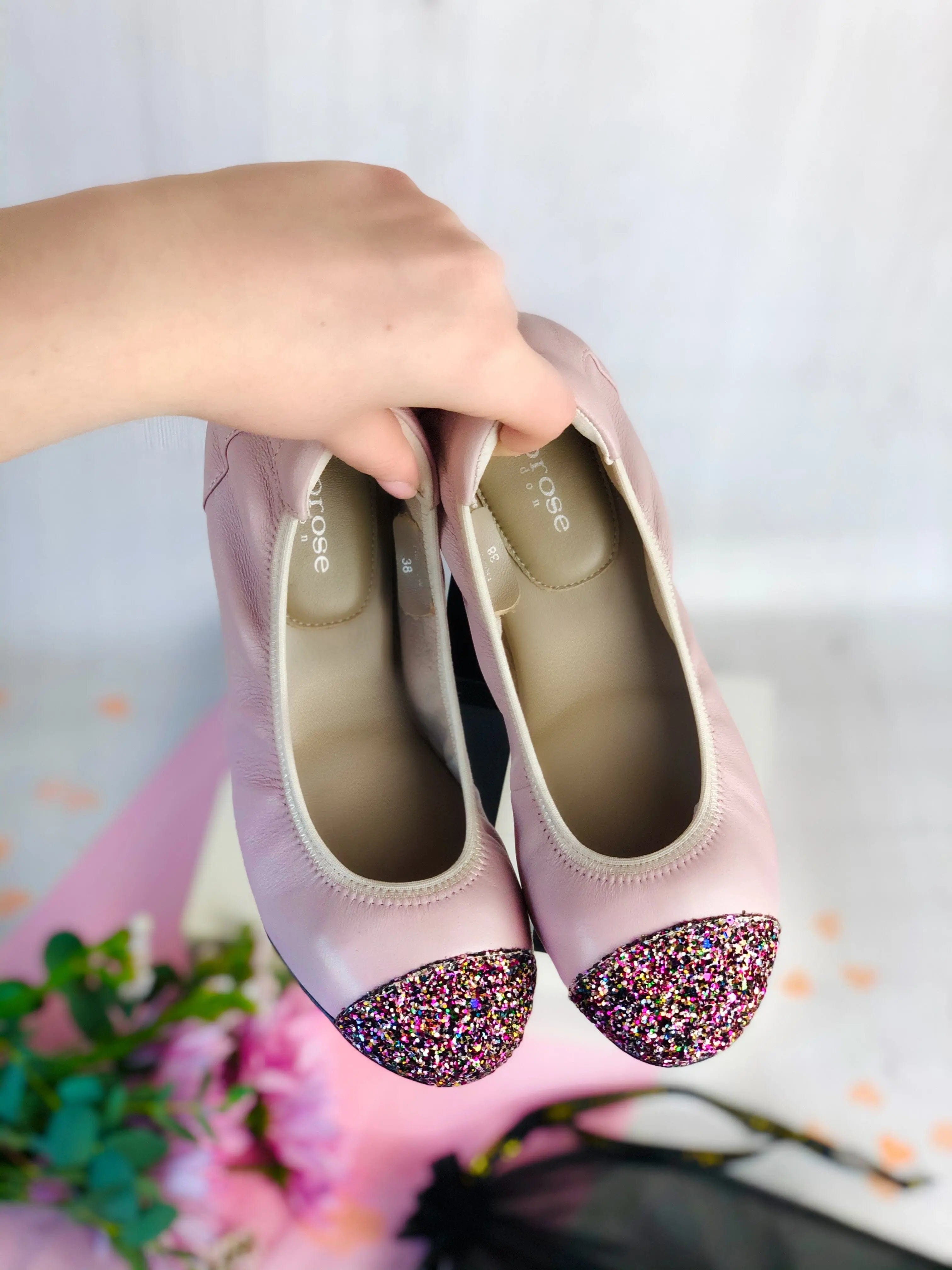 Harrow - Pastel Pink Glitter Toe Leather Flats Cocorose London