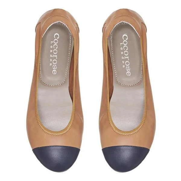 Harrow - Tan with Navy Cap Leather Ballerinas Cocorose London