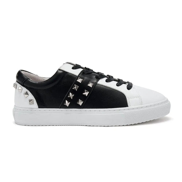 Hoxton - Black and White Leather Trainers with Silver Studs Cocorose London