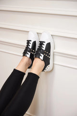 Hoxton - Black and White Leather Trainers with Silver Studs Cocorose London