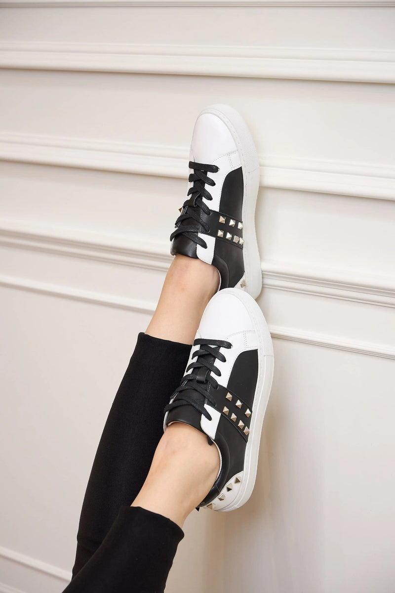 Hoxton - Black and White Leather Trainers with Silver Studs Cocorose London