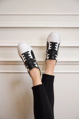 Hoxton - Black and White Leather Trainers with Silver Studs Cocorose London