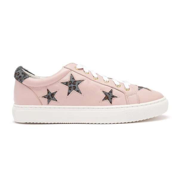 Hoxton - Pastel Pink with Grey Leopard Star Leather Trainers Cocorose London