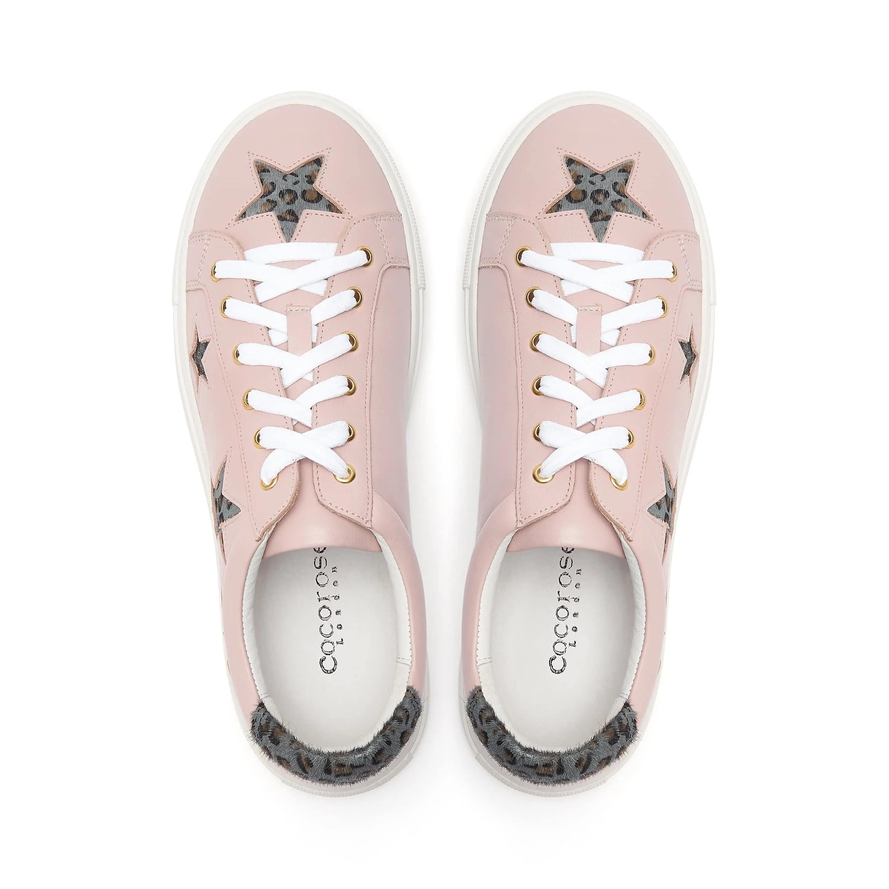 Hoxton - Pastel Pink with Grey Leopard Star Leather Trainers Cocorose London