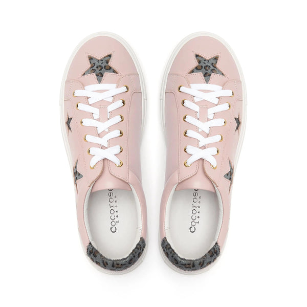 Hoxton - Pastel Pink with Grey Leopard Star Leather Trainers Cocorose London