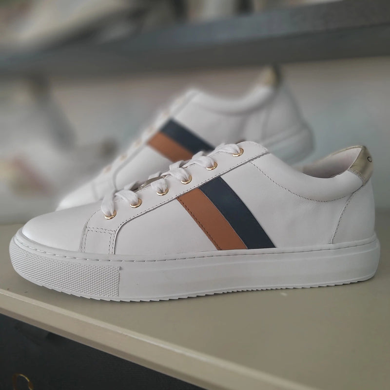 Hoxton - Stripes Navy and Tan Leather Trainers Cocorose London