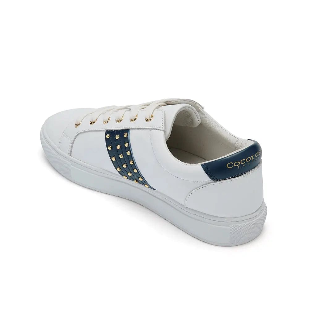 Hoxton - White Leather Trainer with Navy Studded Stripe Cocorose London