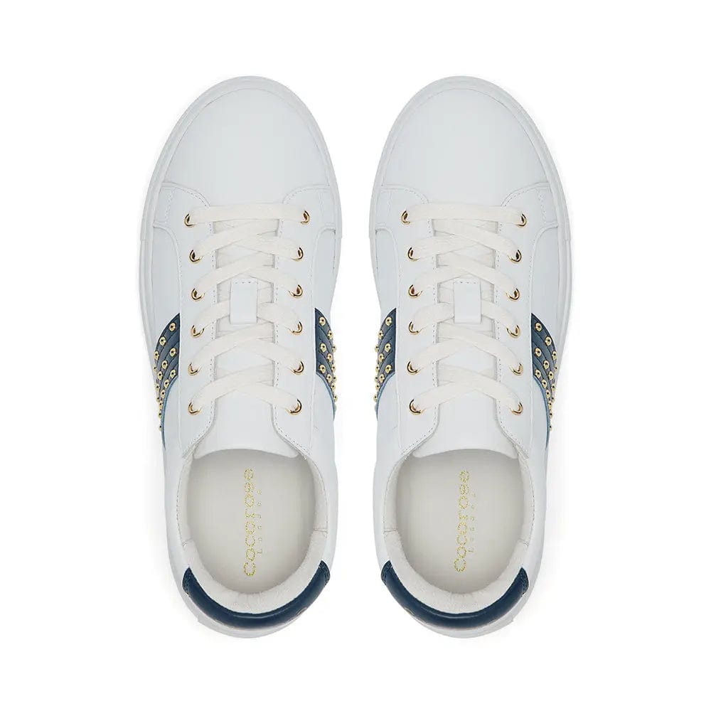 Hoxton - White Leather Trainer with Navy Studded Stripe Cocorose London