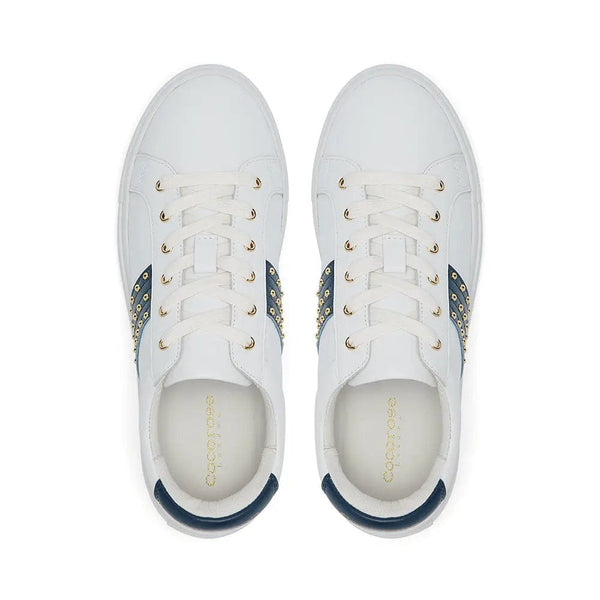 Hoxton - White Leather Trainer with Navy Studded Stripe Cocorose London