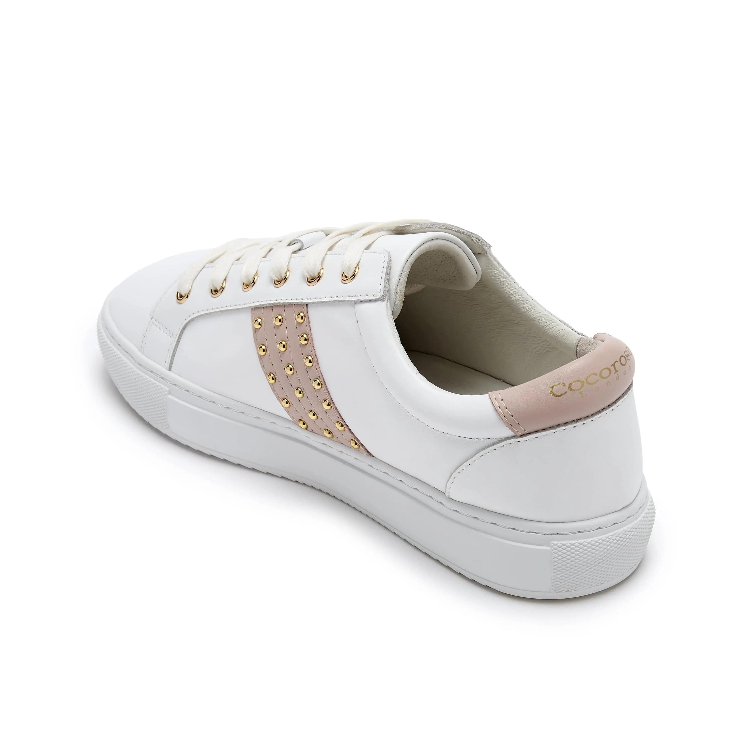 Hoxton - White Leather Trainer with Pastel Pink Studded Stripe Cocorose London