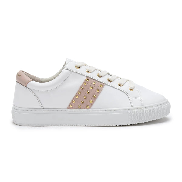 Hoxton - White Leather Trainer with Pastel Pink Studded Stripe Cocorose London