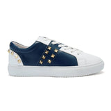 Hoxton - White and Navy Leather Trainers with Gold Studs Cocorose London