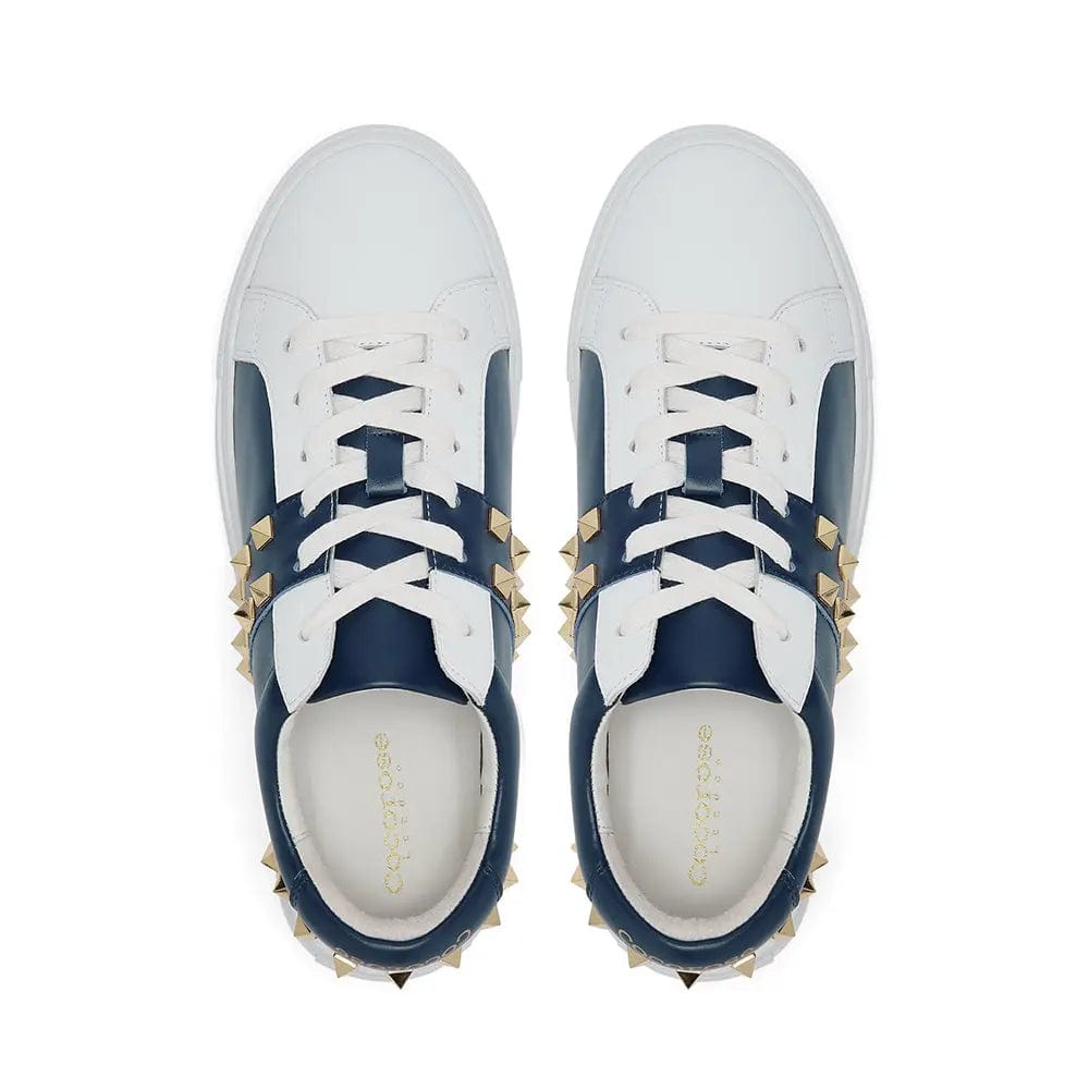 Hoxton - White and Navy Leather Trainers with Gold Studs Cocorose London