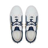 Hoxton - White and Navy Leather Trainers with Gold Studs Cocorose London