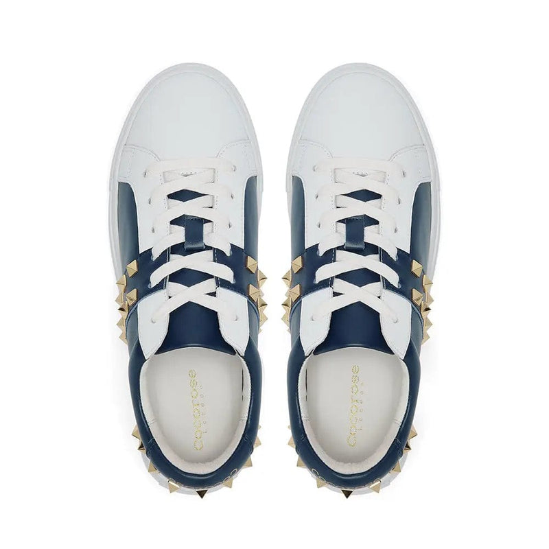 Hoxton - White and Navy Leather Trainers with Gold Studs Cocorose London