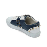 Hoxton - White and Navy Leather Trainers with Gold Studs Cocorose London