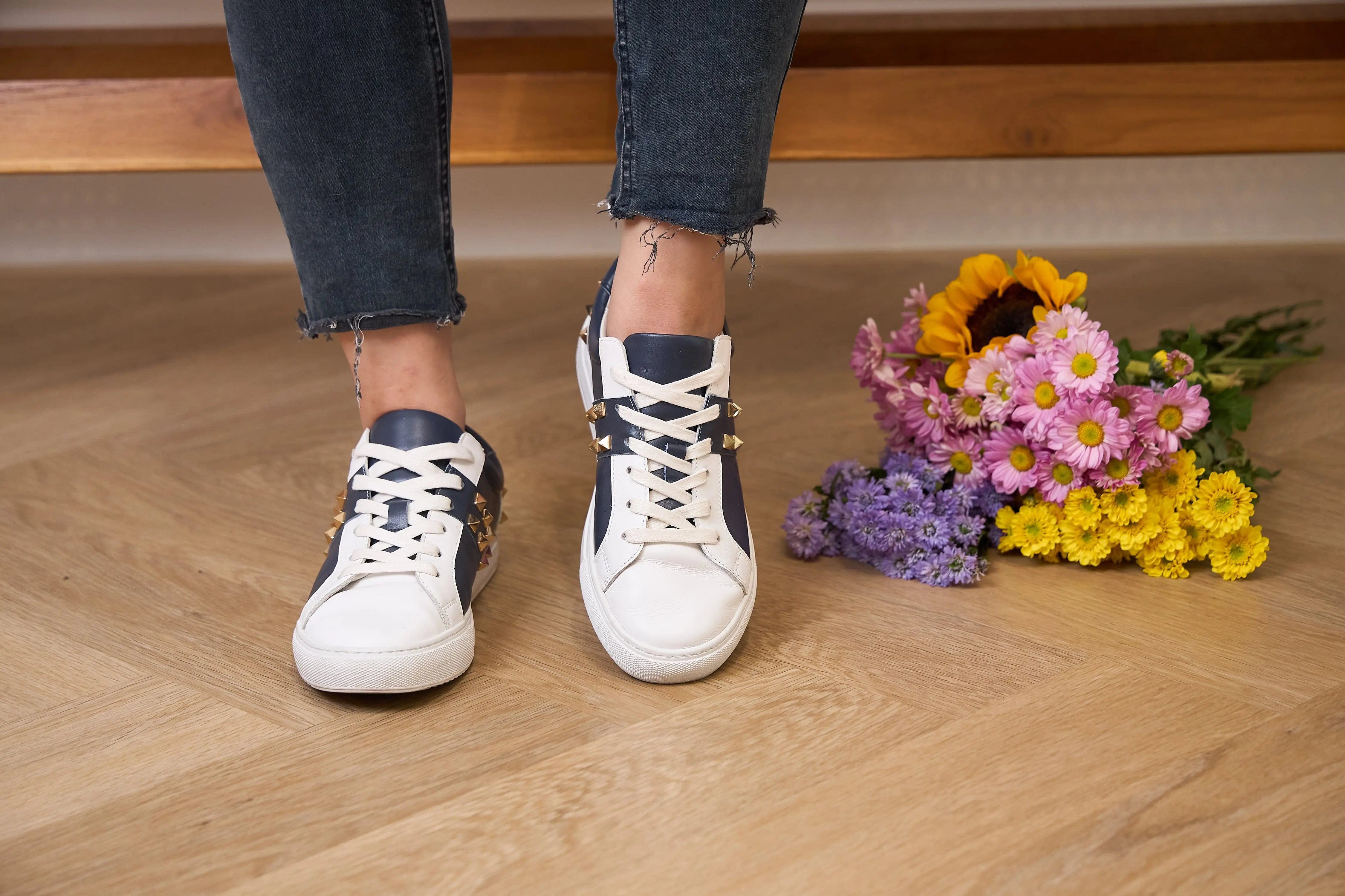 Hoxton - White and Navy Leather Trainers with Gold Studs Cocorose London