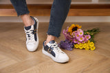 Hoxton - White and Navy Leather Trainers with Gold Studs Cocorose London