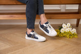 Hoxton - White and Navy Leather Trainers with Gold Studs Cocorose London