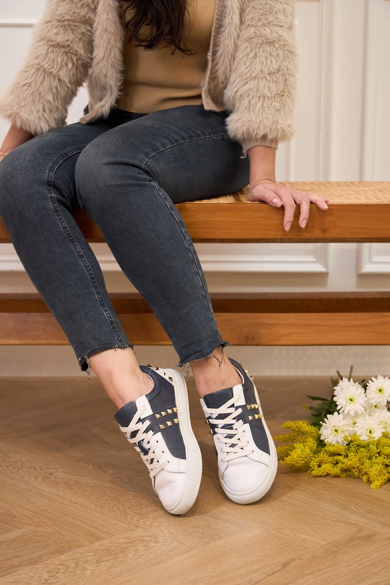 Hoxton - White and Navy Leather Trainers with Gold Studs Cocorose London