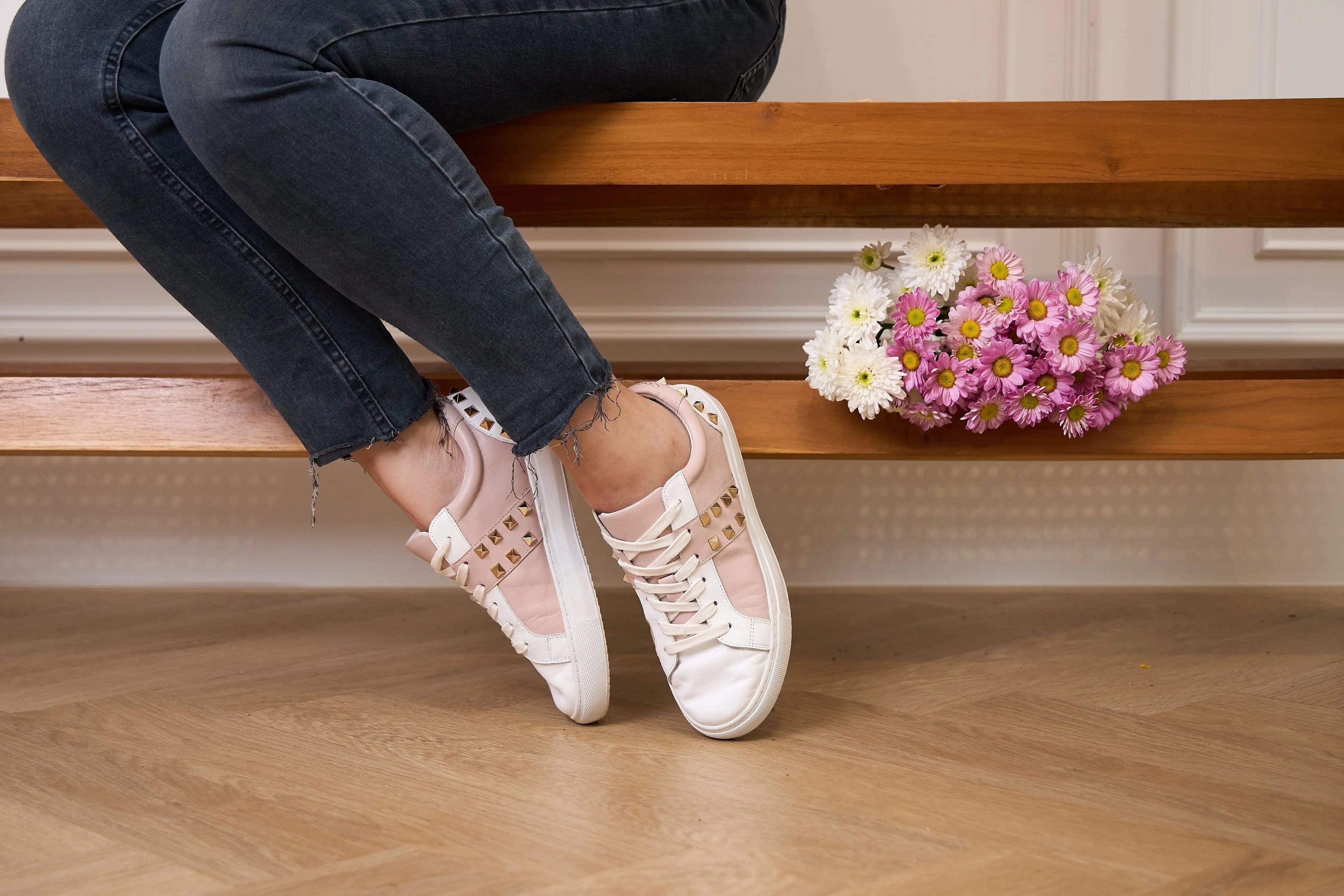 Hoxton - White and Pastel Pink Leather Trainers with Gold Studs Cocorose London