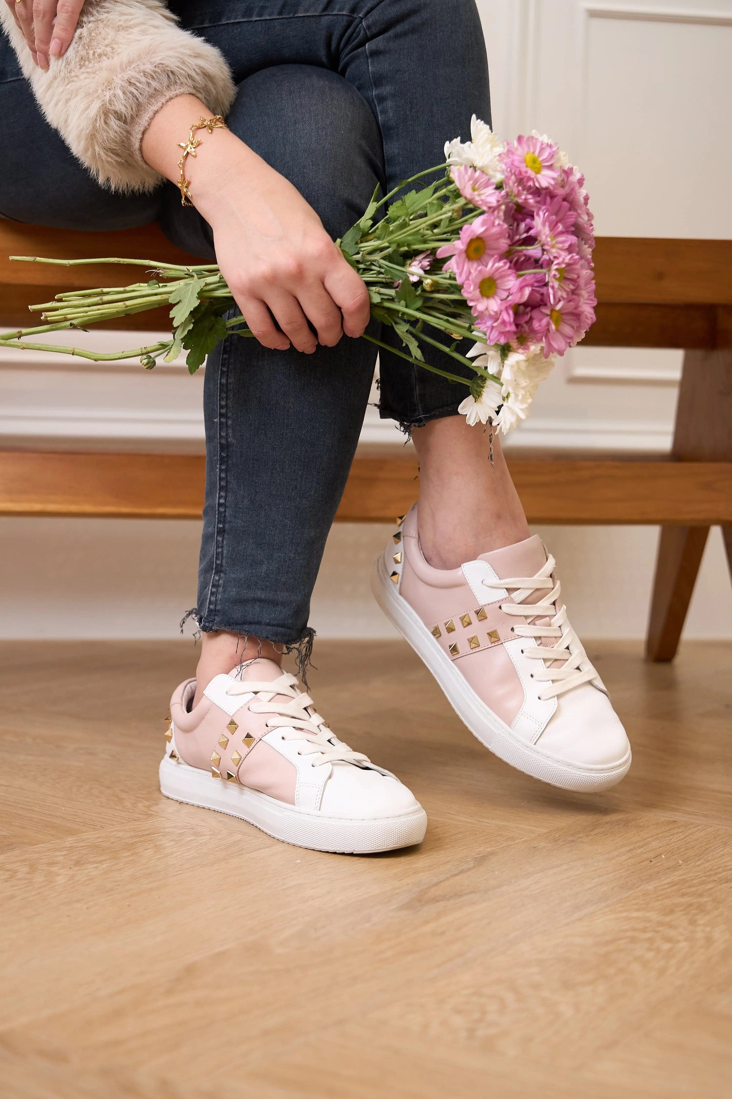 Hoxton - White and Pastel Pink Leather Trainers with Gold Studs Cocorose London