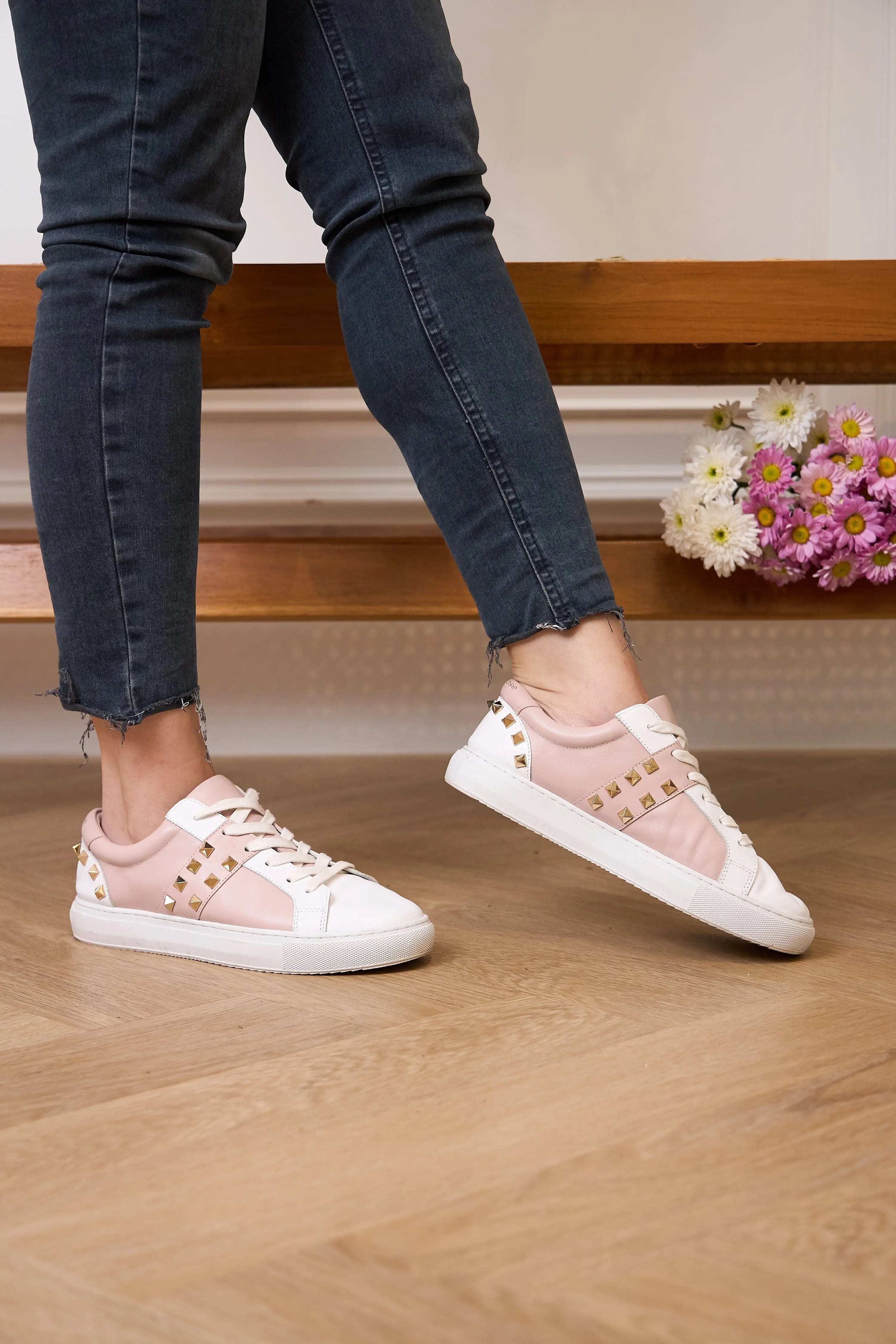 Leather Trainers for Women. In White and Pastel Pink Leather with Gold Studs Cocorose London