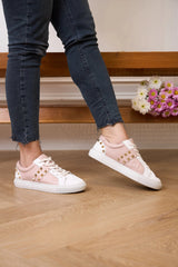 Hoxton - White and Pastel Pink Leather Trainers with Gold Studs Cocorose London