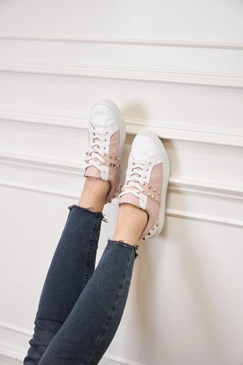 Hoxton - White and Pastel Pink Leather Trainers with Gold Studs Cocorose London