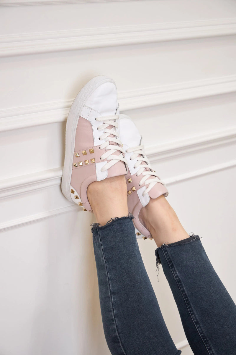 Hoxton - White and Pastel Pink Leather Trainers with Gold Studs Cocorose London