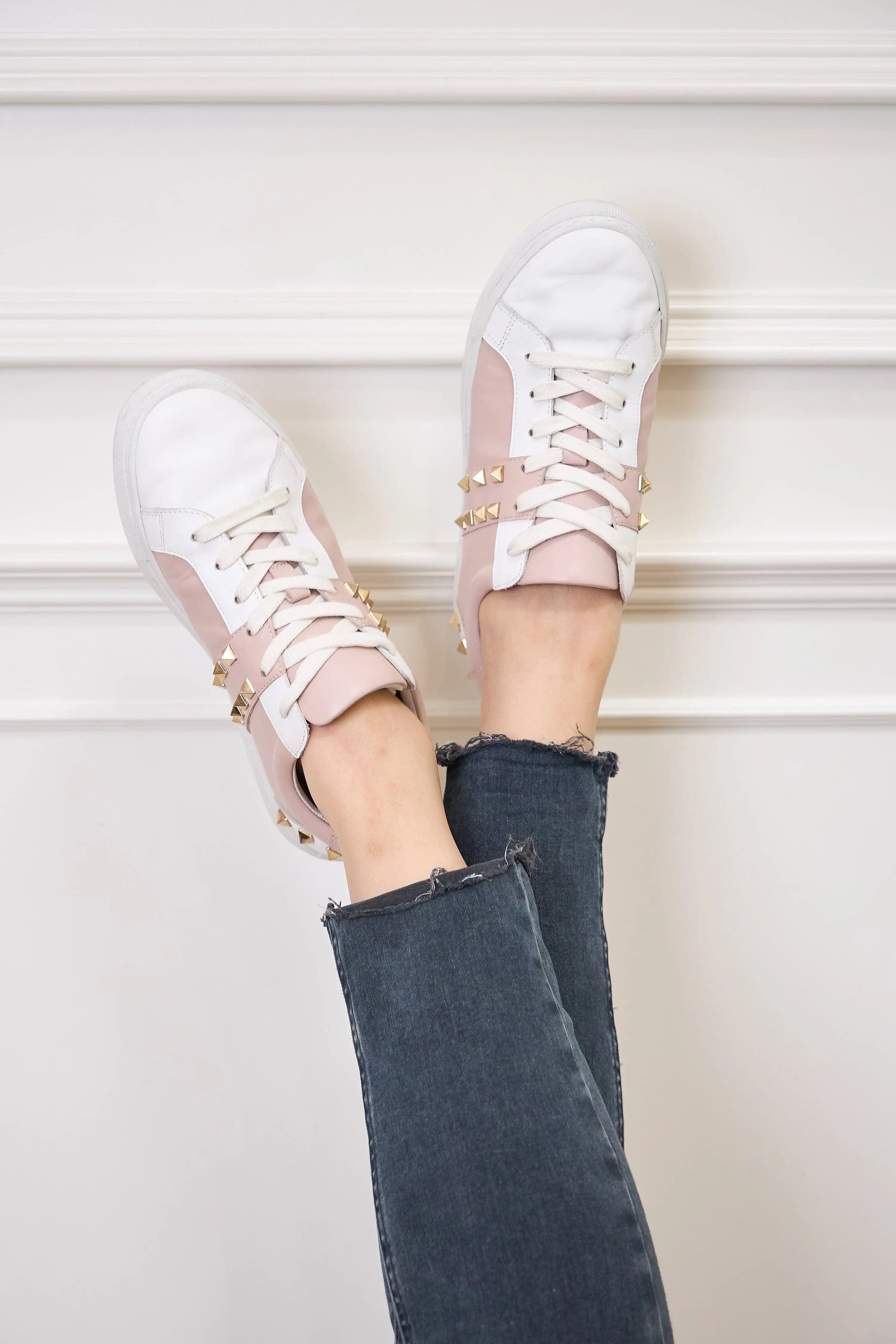 Hoxton - White and Pastel Pink Leather Trainers with Gold Studs Cocorose London