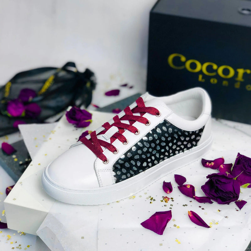 Hoxton - White with Black & Silver Leopard Trainers Cocorose London