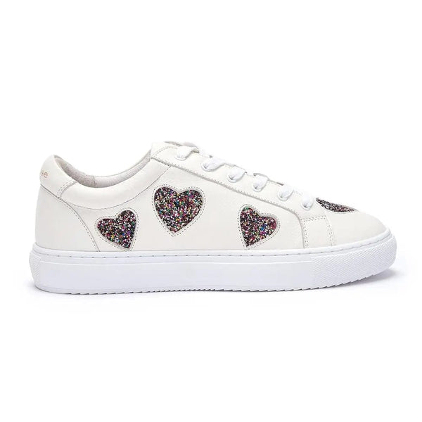 Hoxton - White with Glitter Heart Leather Trainers Cocorose London