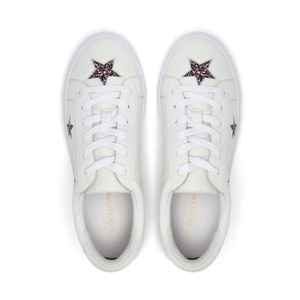 Hoxton - White with Glitter Star Leather Trainers Cocorose London