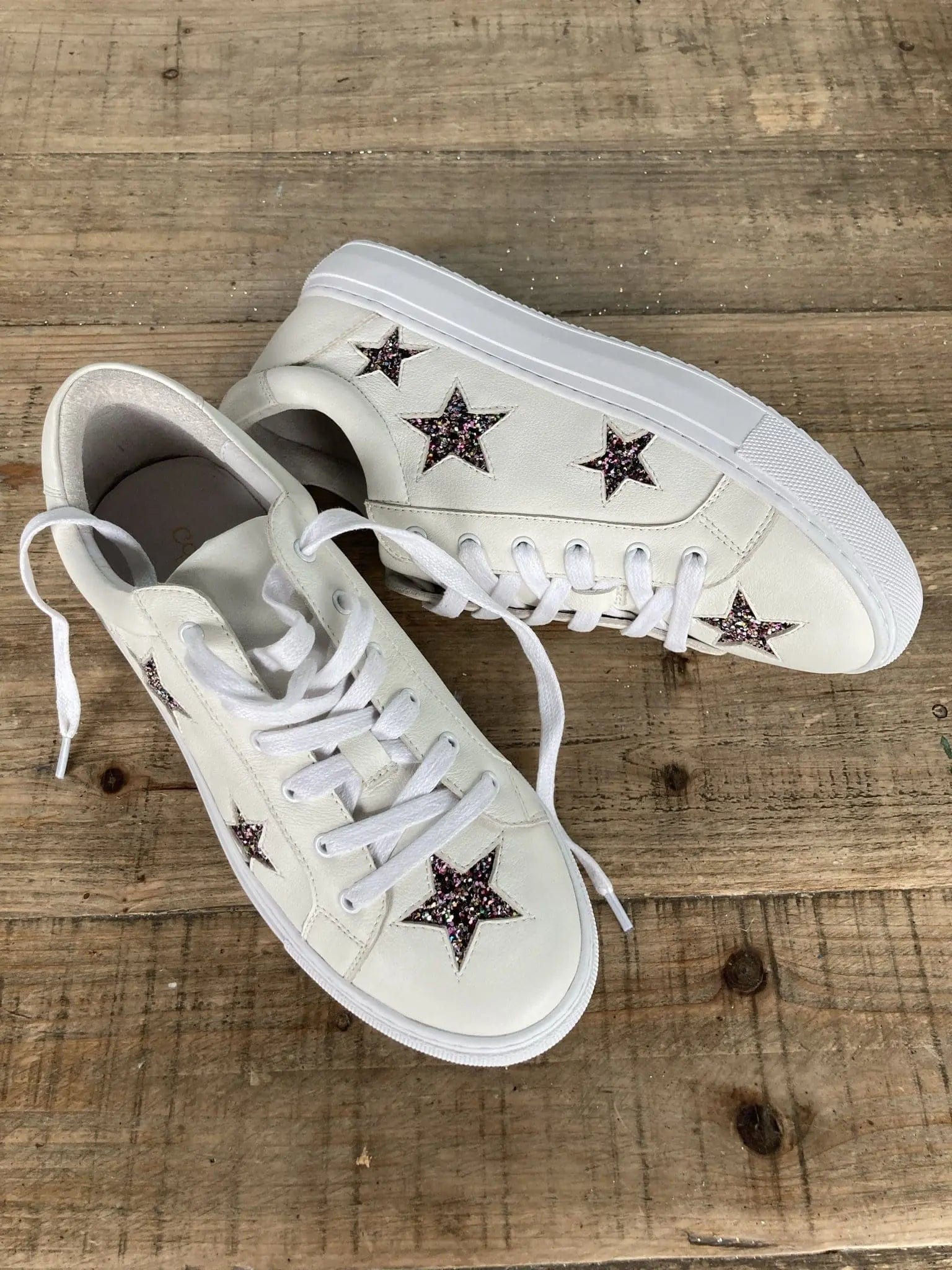 Hoxton - White with Glitter Star Leather Trainers Cocorose London