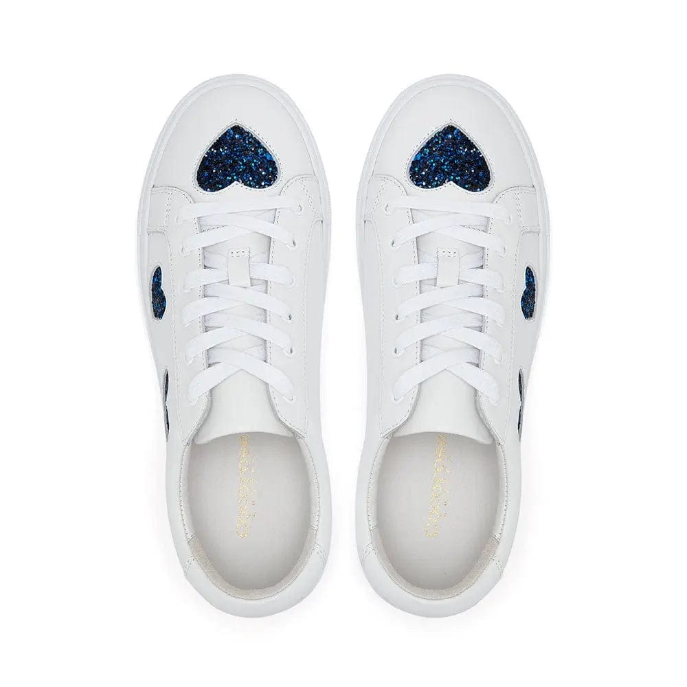 Hoxton - White with Navy Glitter Heart Leather Trainers Cocorose London