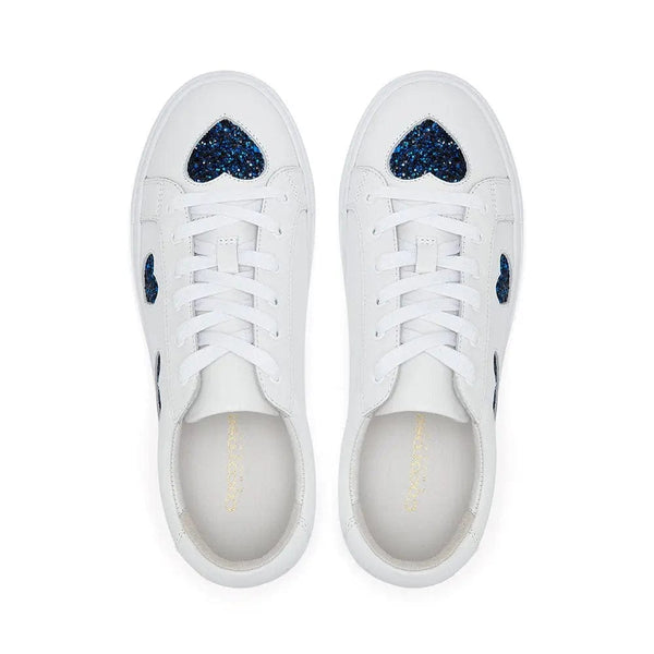 Hoxton - White with Navy Glitter Heart Leather Trainers Cocorose London