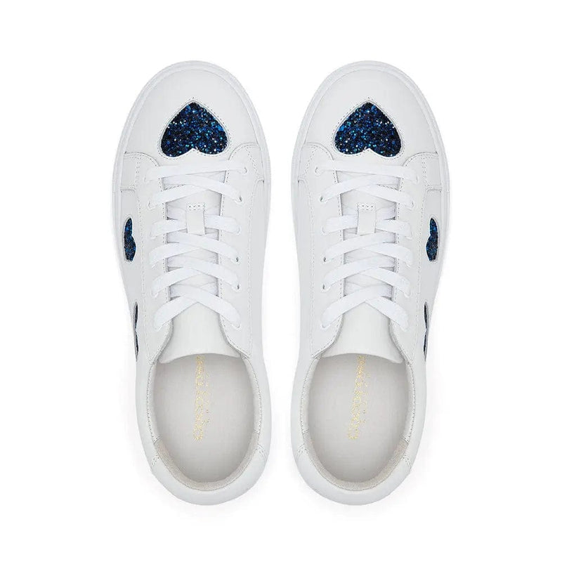 Hoxton - White with Navy Glitter Heart Leather Trainers Cocorose London