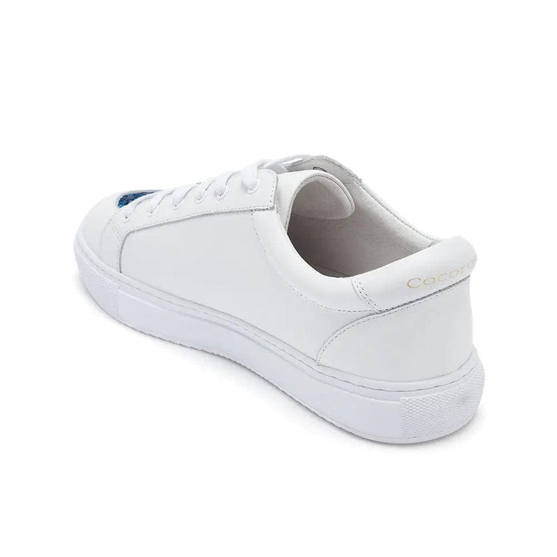 Hoxton - White with Navy Glitter Heart Leather Trainers Cocorose London