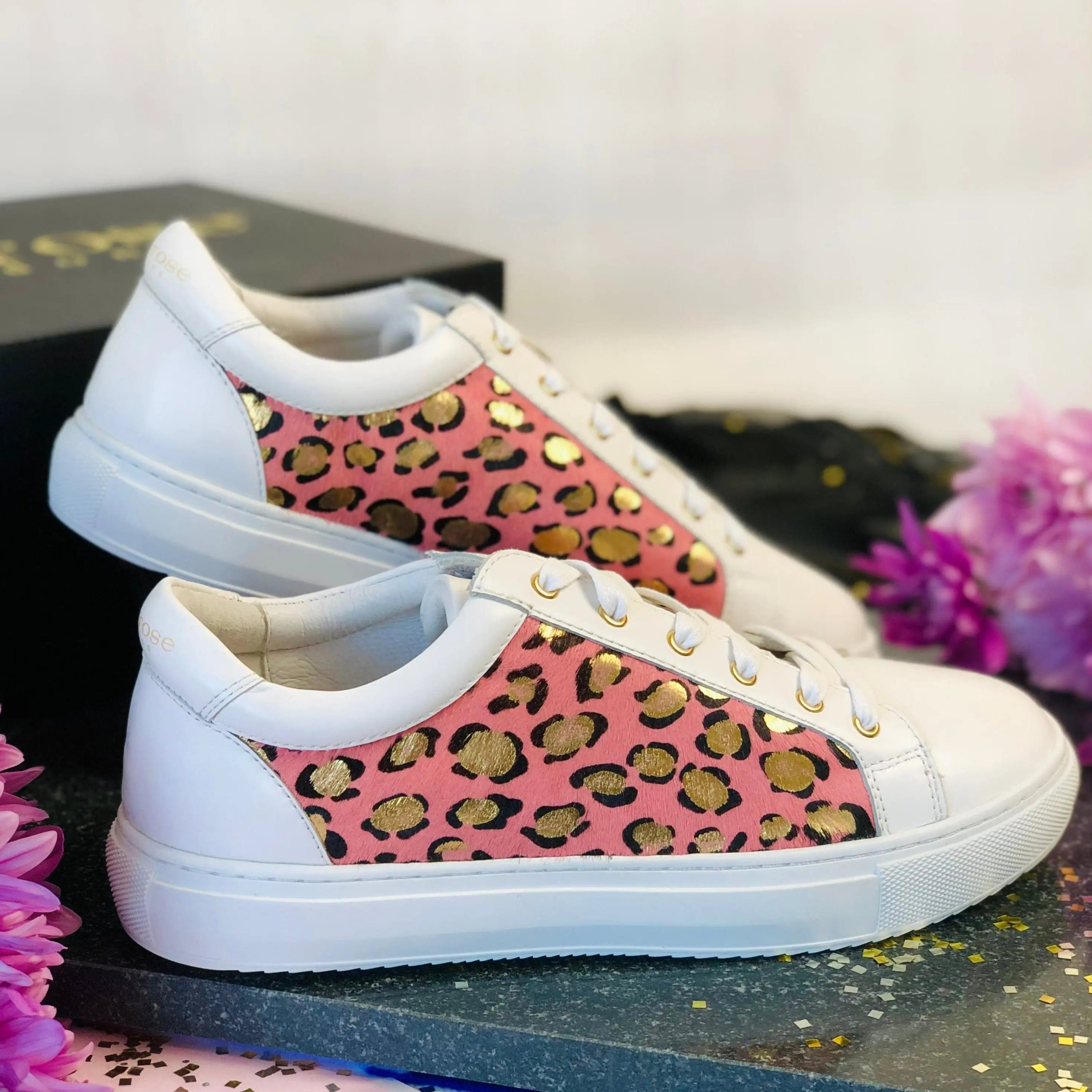 Hoxton - White with Pink & Gold Leopard Panels Trainers Cocorose London