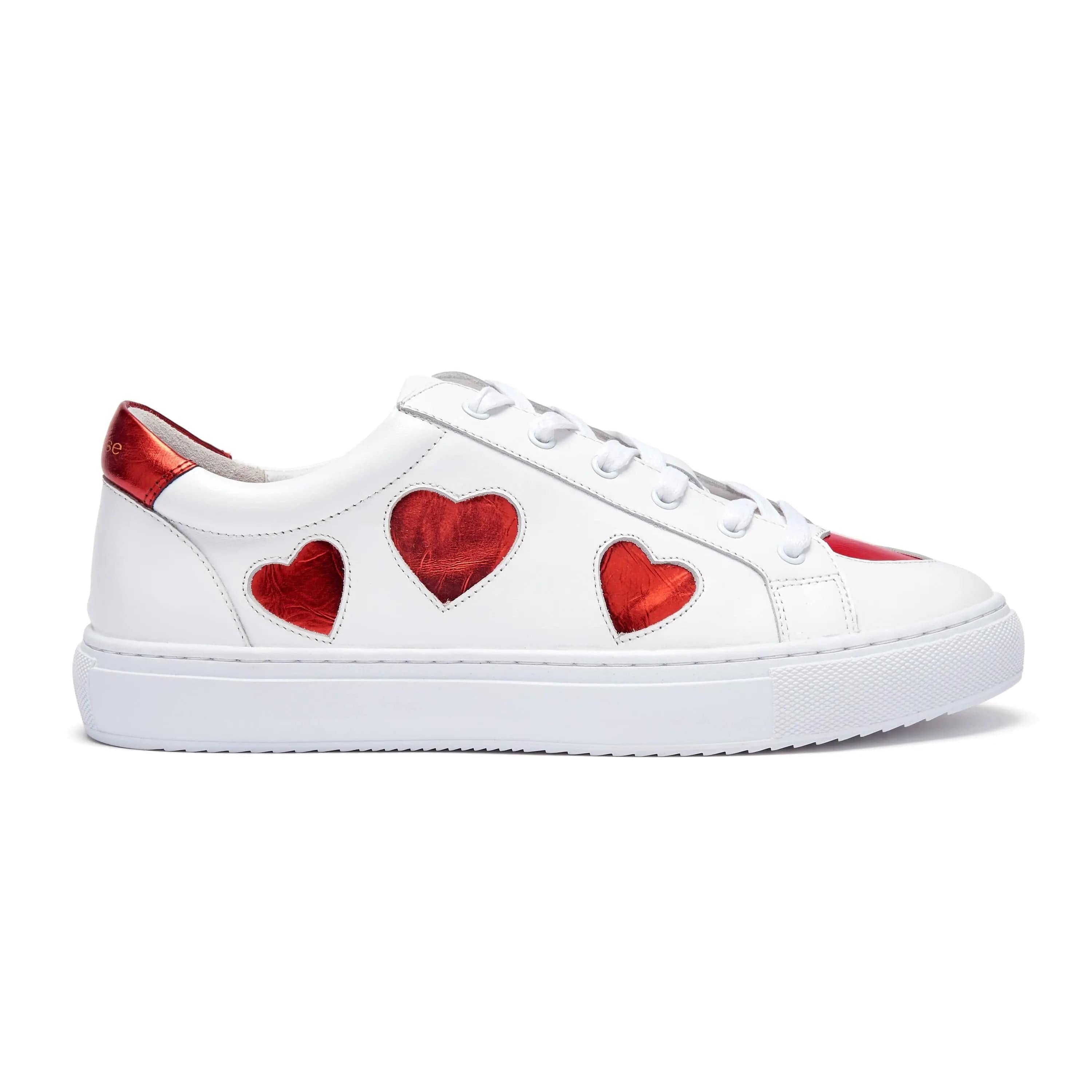 Hoxton - White with Red Hearts Leather Trainers Cocorose London